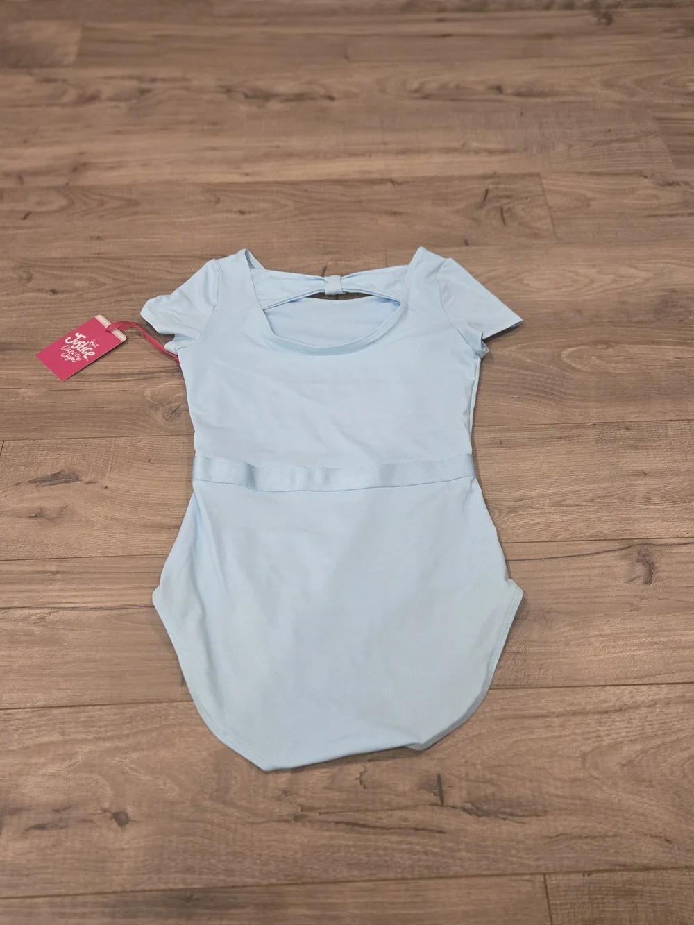 NWT Justice Girls Cap Sleeve Ballet Leotard Ribbon Waistband Light Blue LG 12-14